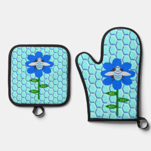 Happy Bee Day Boy Blue Birthday Bumblebee Oven Mitt & Pot Holder Set