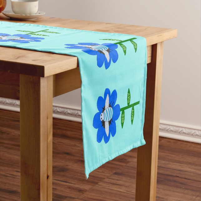 Happy Bee Day Boy Blue Birthday Bumblebee Short Table Runner (In Situ)