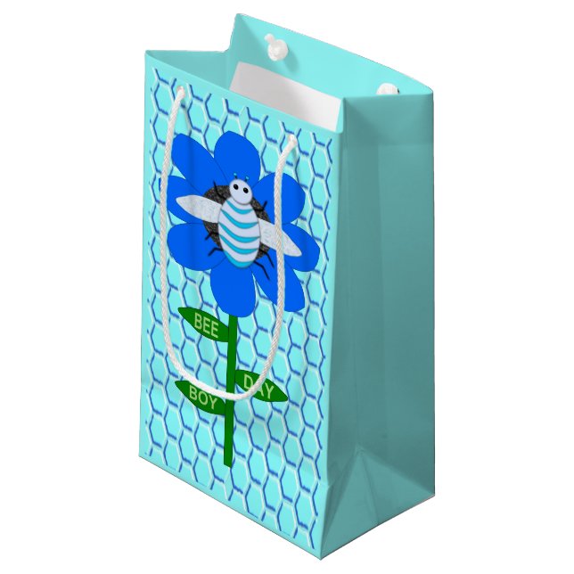 Happy Bee Day Boy Blue Birthday Bumblebee Small Gift Bag (Front Angled)
