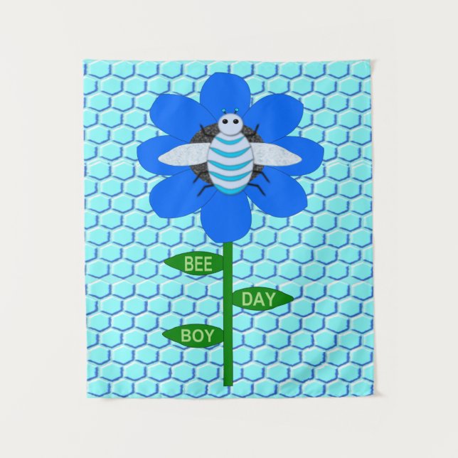 Happy Bee Day Boy Blue Birthday Bumblebee Tapestry (Front)