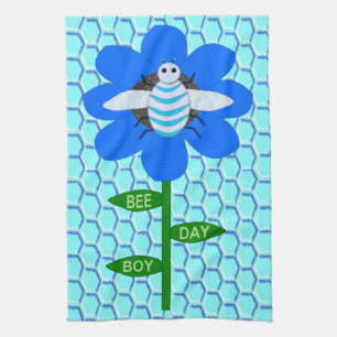 Happy Bee Day Boy Blue Birthday Bumblebee Tea Towel