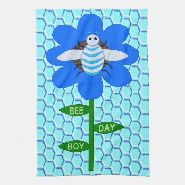 Happy Bee Day Boy Blue Birthday Bumblebee Tea Towel (Vertical)