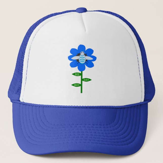 Happy Bee Day Boy Blue Birthday Bumblebee Trucker Hat (Front)
