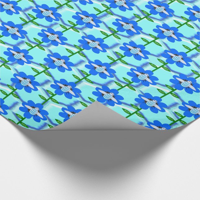 Happy Bee Day Boy Blue Birthday Bumblebee Wrapping Paper (Corner)