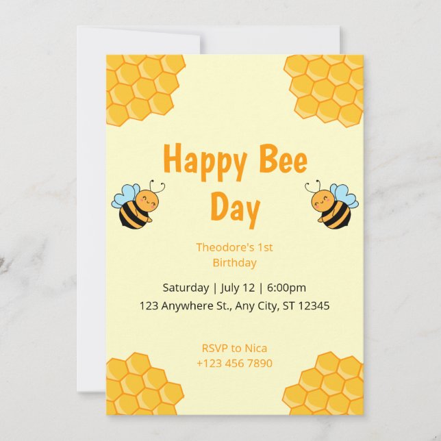 Happy Bee Day Bumble Bee Birthday Party Invitation (Front)