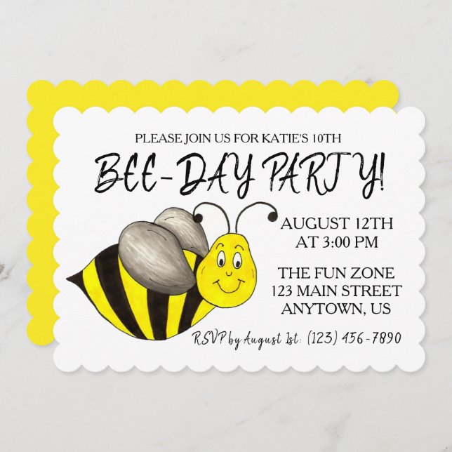 Happy Bee-Day Bumblebee Yellow Bumble Bee Birthday Invitation (Front/Back)