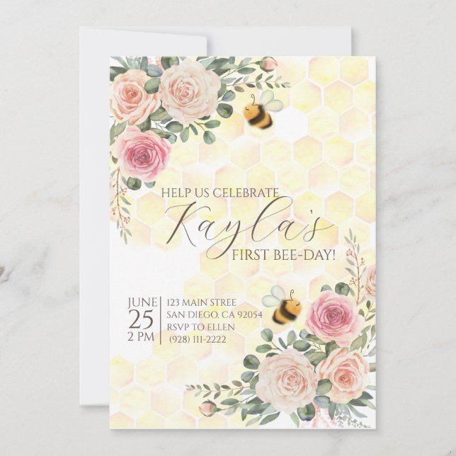 Happy Bee Day first birthday invitation (Front)