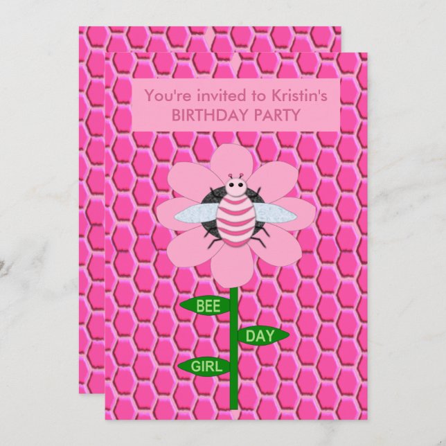 Happy Bee Day Girl Pink Birthday Bumblebee Custom Invitation (Front/Back)
