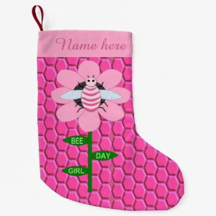 Happy Bee Day Girl Pink Birthday Bumblebee Custom Small Christmas Stocking