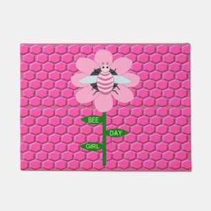Happy Bee Day Girl Pink Birthday Bumblebee Doormat
