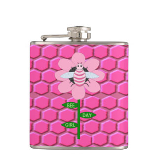 Happy Bee Day Girl Pink Birthday Bumblebee Hip Flask