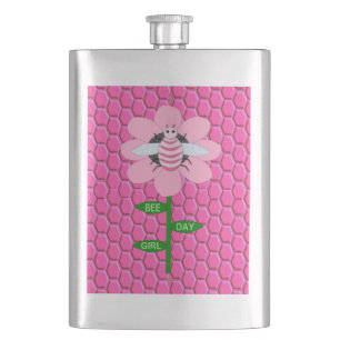 Happy Bee Day Girl Pink Birthday Bumblebee Hip Flask
