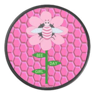 Happy Bee Day Girl Pink Birthday Bumblebee Hockey Puck