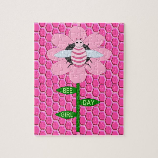Happy Bee Day Girl Pink Birthday Bumblebee Jigsaw Puzzle (Vertical)