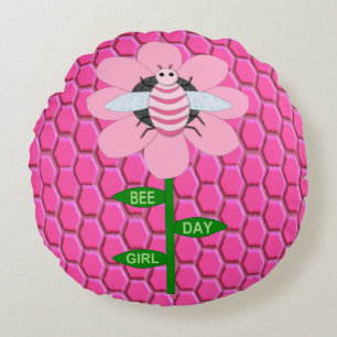 Happy Bee Day Girl Pink Birthday Bumblebee Round Cushion