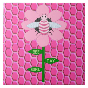 Happy Bee Day Girl Pink Birthday Bumblebee Tile