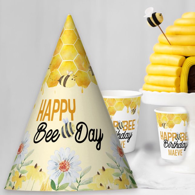 Happy Bee Day Kids Bee Theme Birthday Party Hat (Cute bee theme birthday party hats with sweet bee pun "happy bee day", honeycomb and flowers)