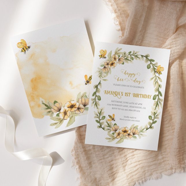 Happy Bee-day Watercolor Birthday Invitation (Creator Uploaded)