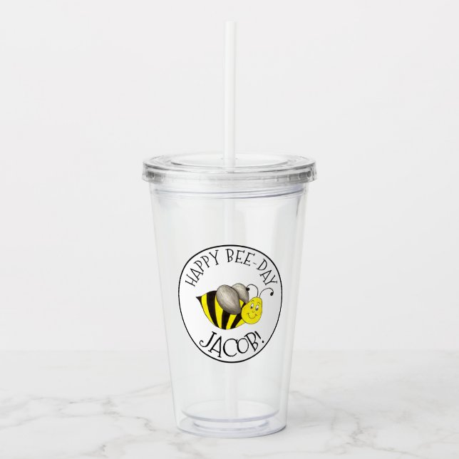 Happy Bee Day Yellow Bumblebee Birthday Favour Acrylic Tumbler (Front)