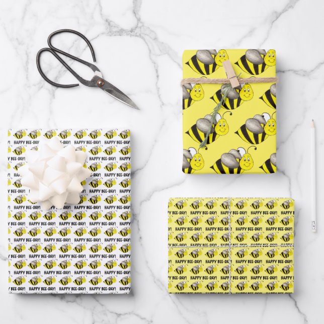 Happy Bee Day Yellow Bumblebee Birthday Party Wrapping Paper Sheet (Front)