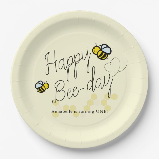 Happy Bee Day Yellow Girl Birthday Paper Plate (Front)