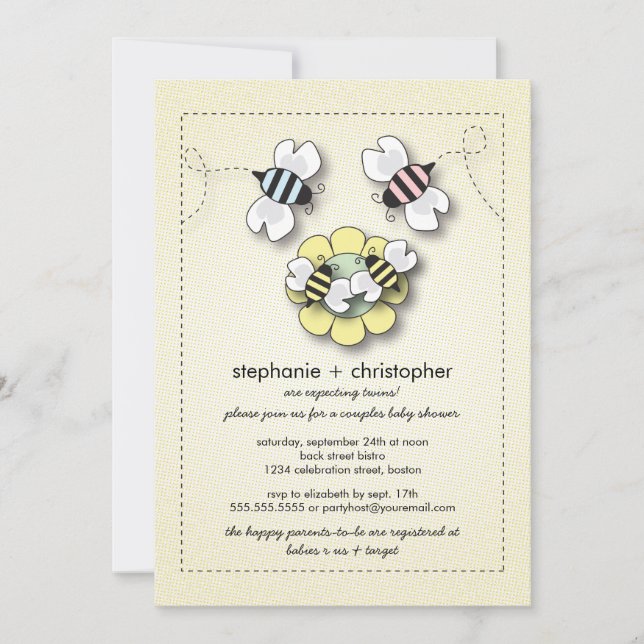 Happy Bee Family Couples Twins Baby Shower Invitation (Front)