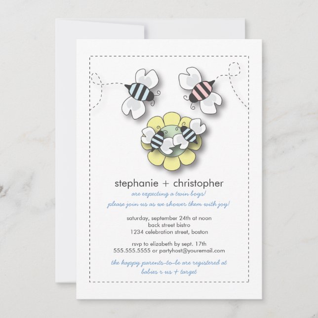 Happy Bee Family Twin Boys Baby Shower Invitation (Front)