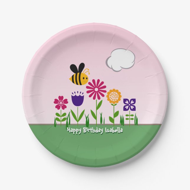 Happy Bee Flower Garden Personalised Paper Plate (Front)