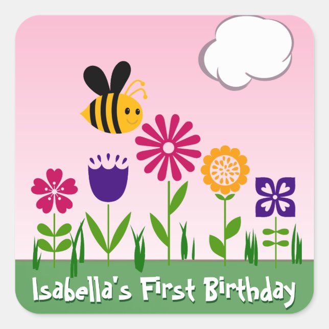 Happy Bee Flower Garden Personalised Square Sticker (Front)