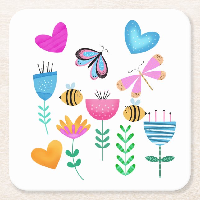 Happy Bee Garden Square Paper Coaster (Front)