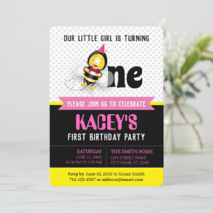 Happy Bee Girl 1st Birthday Invitation w/ picture