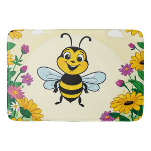 Happy Bee In Colourful Flowers Bath Mat