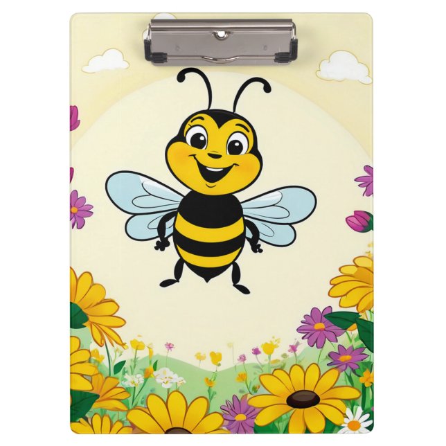 Happy Bee In Colourful  Flowers  Clipboard (Front)