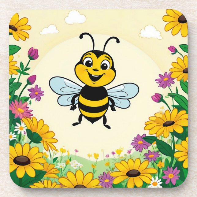 Happy Bee In Colourful  Flowers  Coaster (Front)