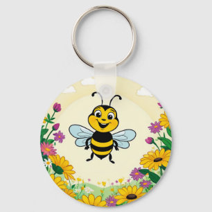 Happy Bee In Colourful Flowers Key Ring