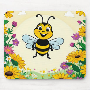 Happy Bee In Colourful Flowers Mouse Mat