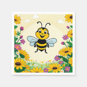 Happy Bee In Colourful Flowers Napkin