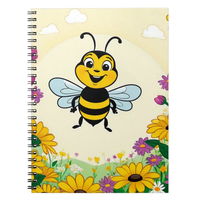 Happy Bee In Colourful  Flowers  Notebook (Front)