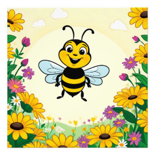 Happy Bee In Colourful Flowers Photo Print