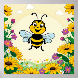 Happy Bee In Colourful  Flowers  Poster