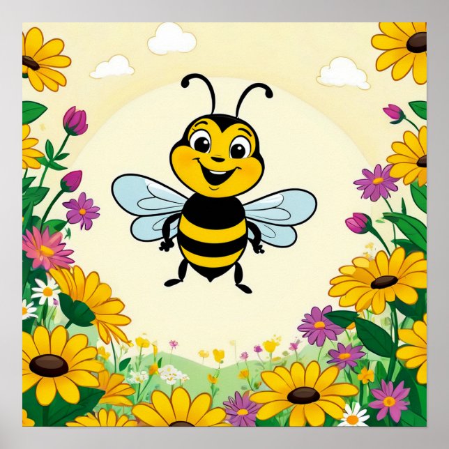Happy Bee In Colourful  Flowers  Poster (Front)