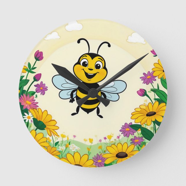 Happy Bee In Colourful  Flowers  Round Clock (Front)