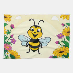 Happy Bee In Colourful Flowers Tea Towel