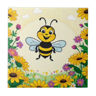 Happy Bee In Colourful Flowers Tile