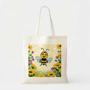 Happy Bee In Colourful Flowers Tote Bag
