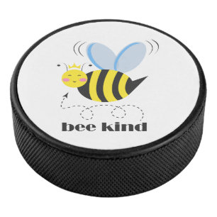Happy bee princess with crown and slogan Bee Kind Hockey Puck