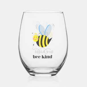 Happy bee princess with crown and slogan Bee Kind Stemless Wine Glass