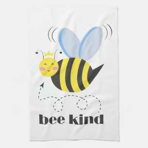 Happy bee princess with crown and slogan Bee Kind Tea Towel