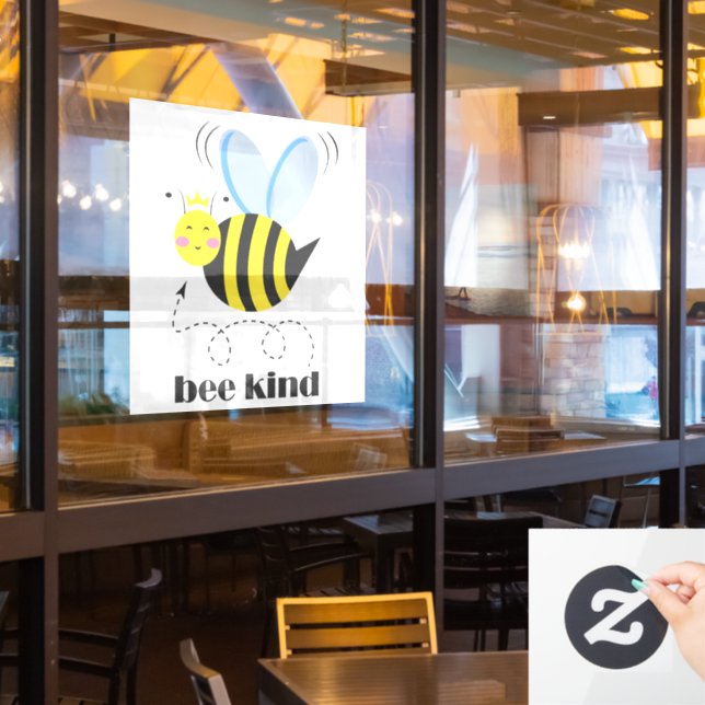 Happy bee princess with crown and slogan Bee Kind Window Cling (Restaurant Window)