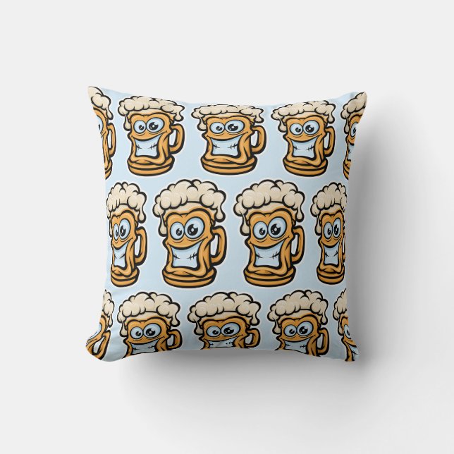 Happy Beer Mug, Funny Illustration Cushion (Front)